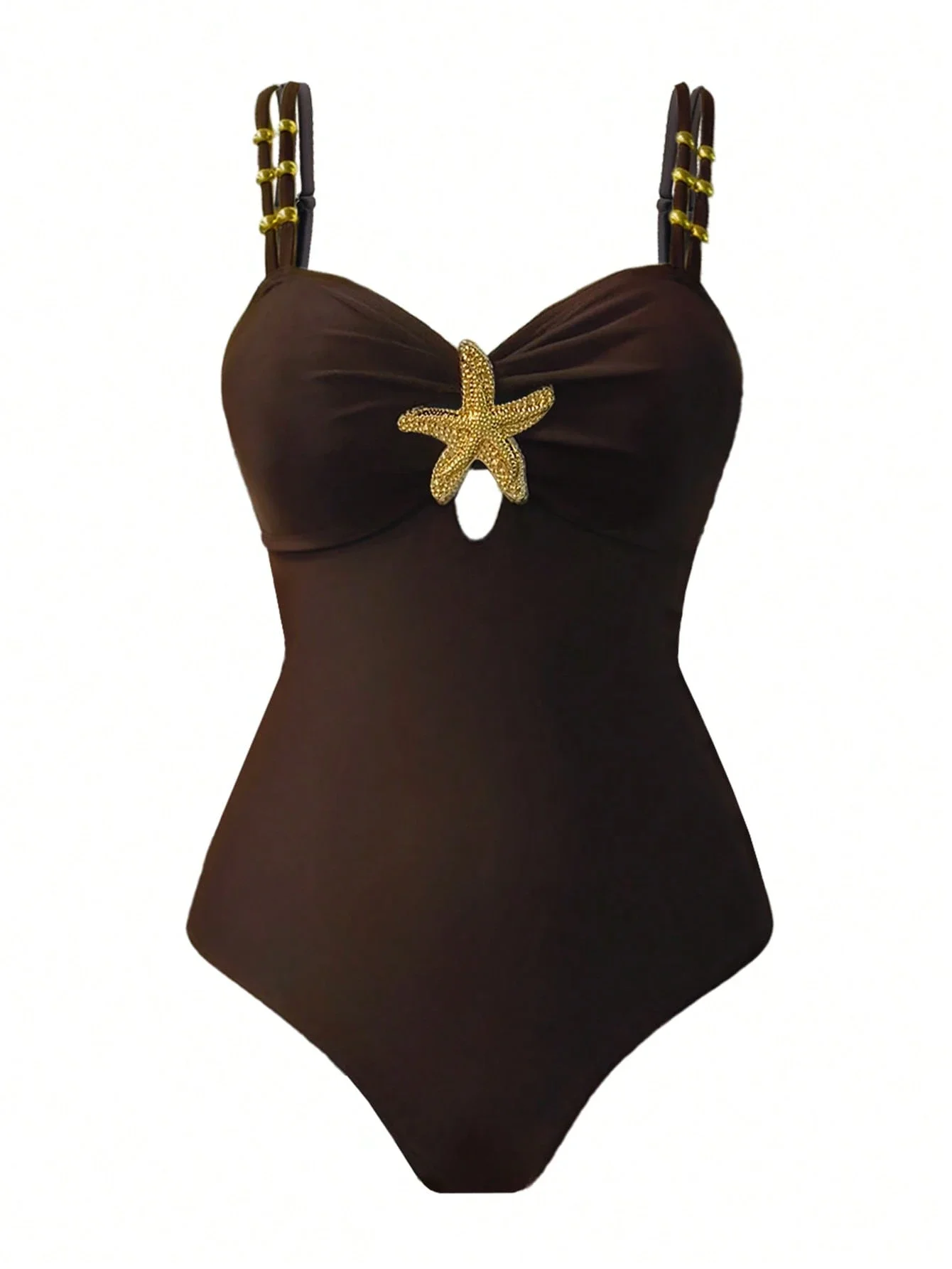 

Women's Brown Starfish Embellished One Piece Swimsuit With Skirt Cover Up