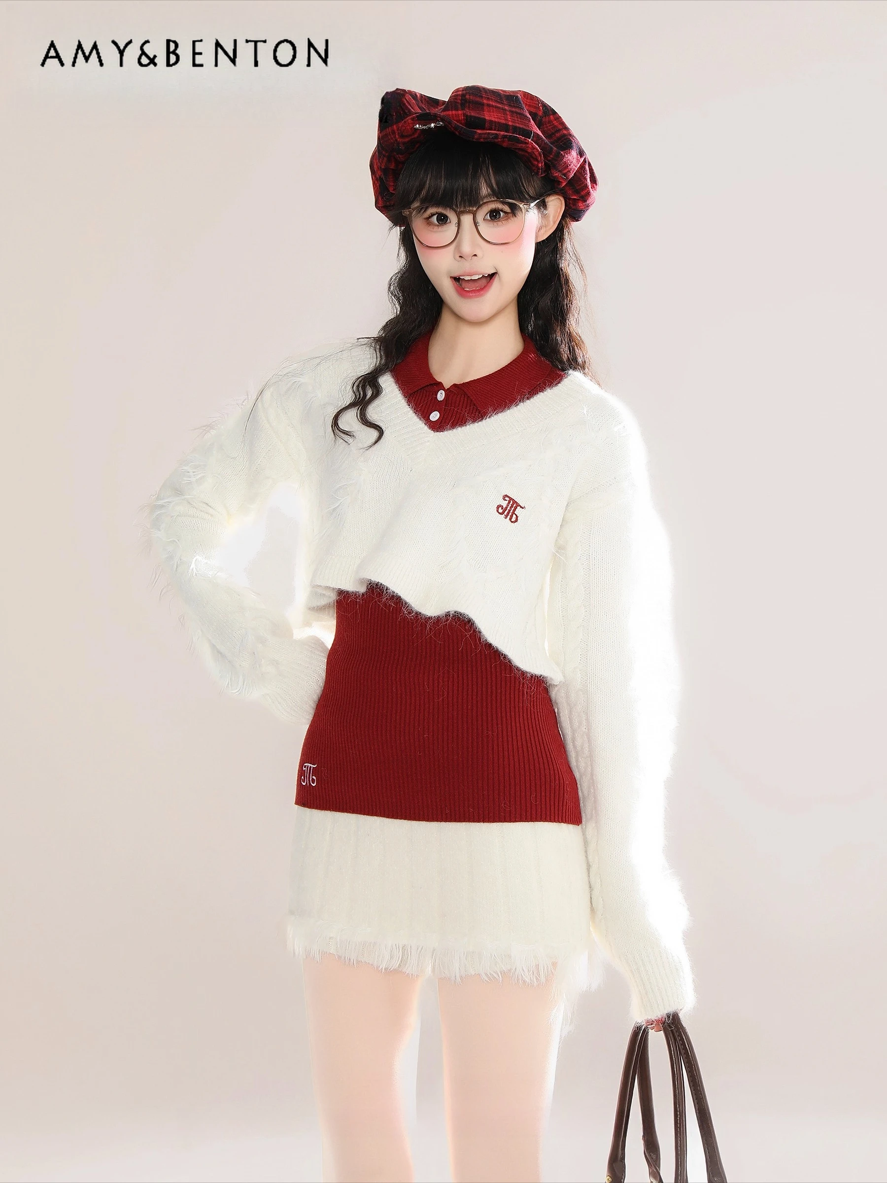 

2025 Autumn Winter New Hot-Selling Spicy Girl Style Slim Fit Casual Layered Short Sweater Bodycon Skirt Three-Piece Set