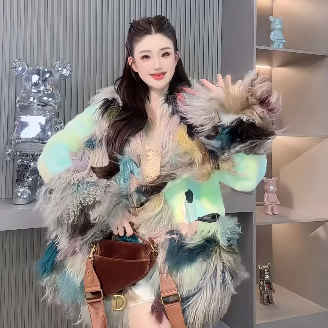 Manteau en fausse fourrure de mouton de mongolie pour femmes, veste à boutons couverts, vêtements féminins, col rond, épissé, épais et chaud, automne et hiver, 2025