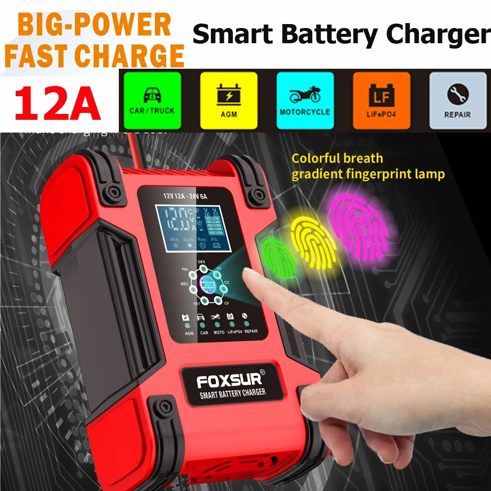 Car Battery Charger 12V 24V Automatic Pulse Repair Chargers For SUV Truck Car Battery Calcium/Gel/AGM/LiFePo4/Wet/Lead Acid