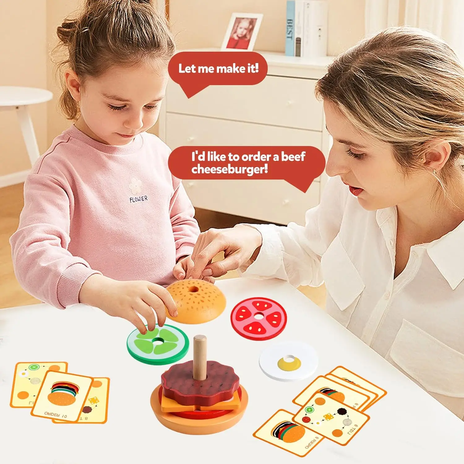 Juguetes de madera Montessori para patatas fritas, juego a juego de sándwich de Hamburgo, Mini comida, juguetes de clasificación de colores con formas sensoriales para niños