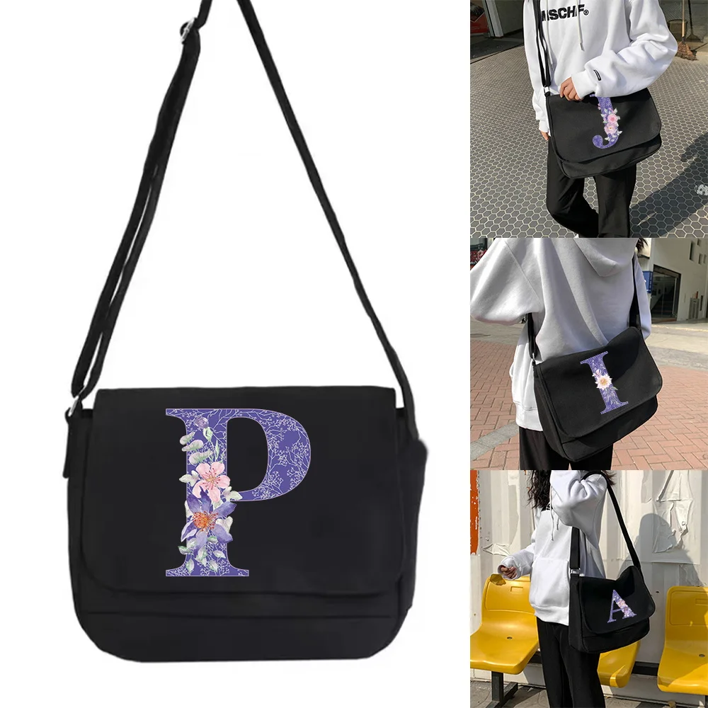 

Men Outdoor Crossbody Tote Canvas Messenger Travel Bag Black Storage Handbag Women Shoulder Bag Purple flower Initial Name Print