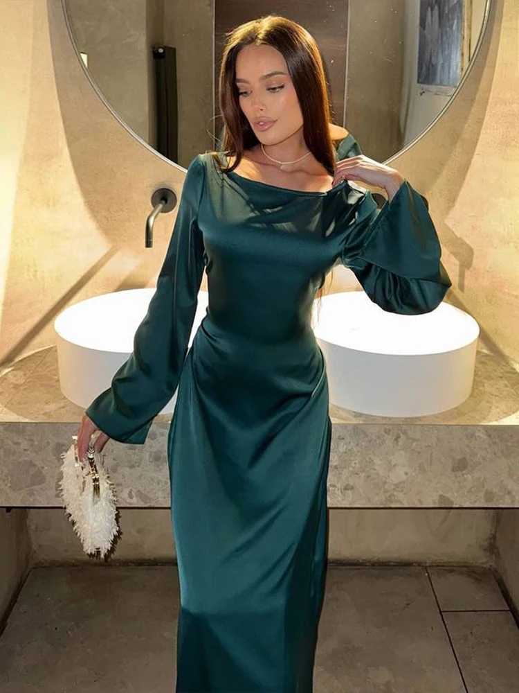 Cutenew-maxivestido clásico elegante de satén para mujer, vestido Sexy fruncido de manga larga, sencillo, para fiesta de graduación, cóctel, ceñido al cuerpo