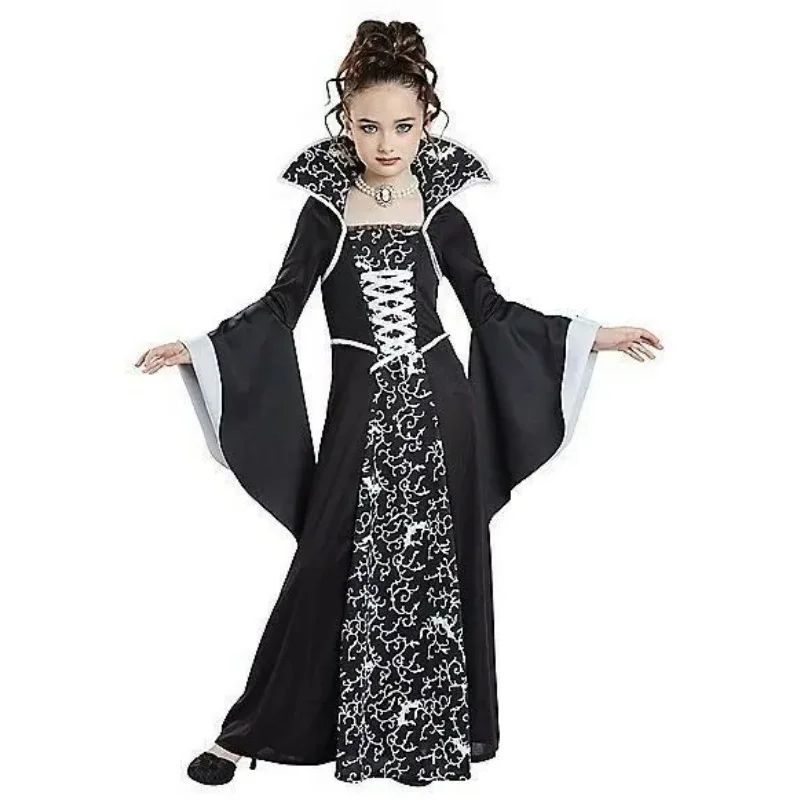 Abiti da strega per bambini Halloween medievale retrò in pizzo colletto rialzato vestiti per ragazza abito a maniche lunghe stampato cosplay ragazze