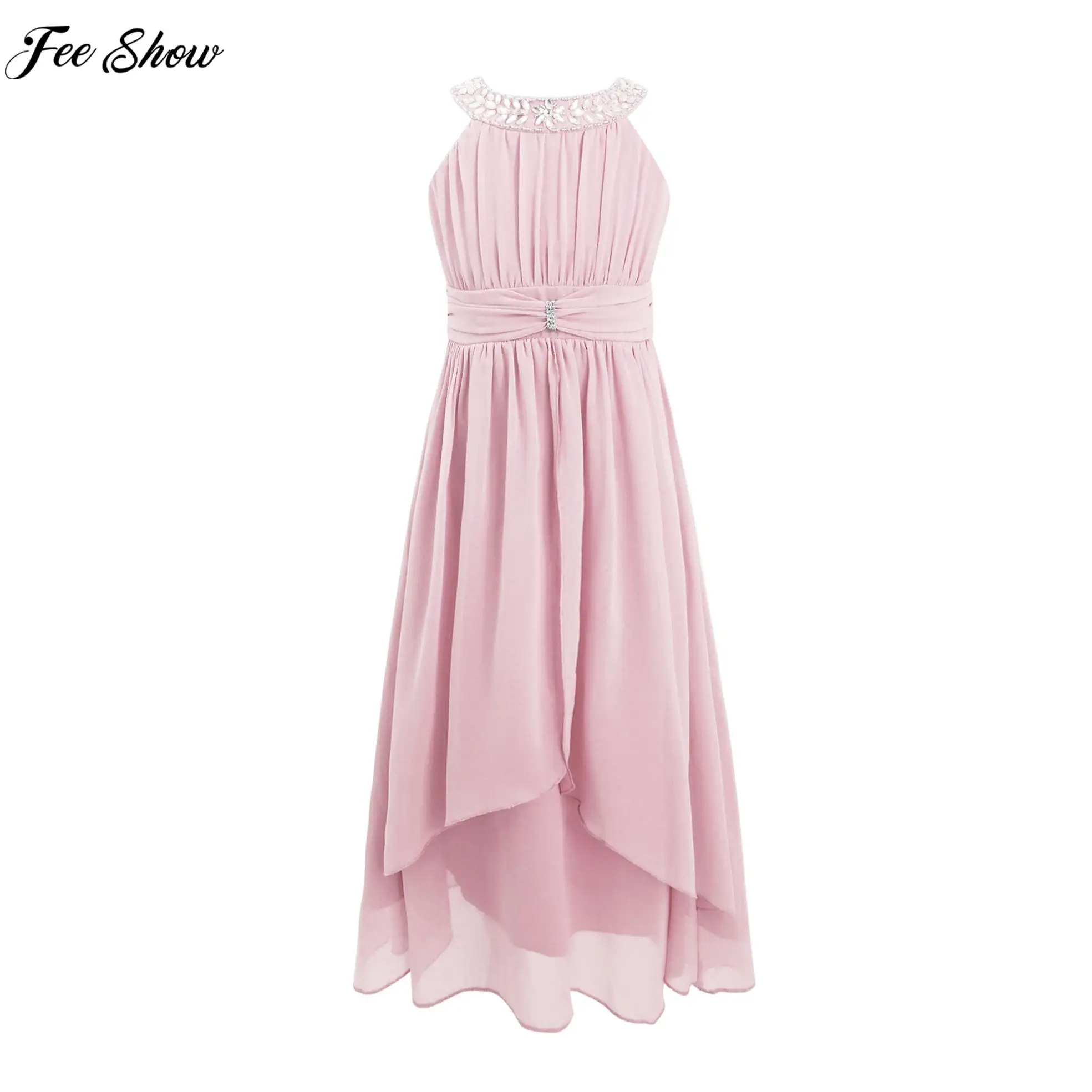 

Kids Flower Girls Rhinestone Halter Neck Sleeveless Wedding Birthday Party Formal Gown Princess Chiffon Dress Children Clothing