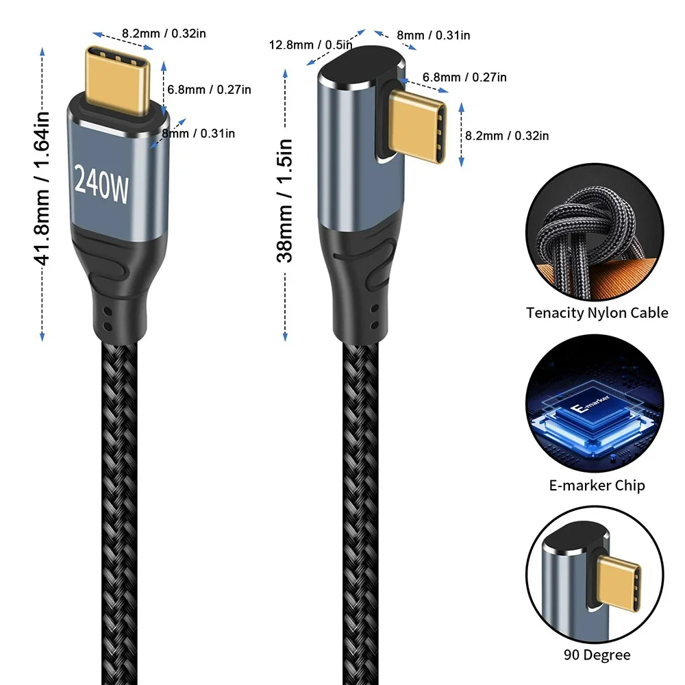 USB C Charger Cable 90 Degree Right Angle Type-C to C PD 3.1 240W Fast Charging Braid Cord for Laptop PC Tablet Phone Switch