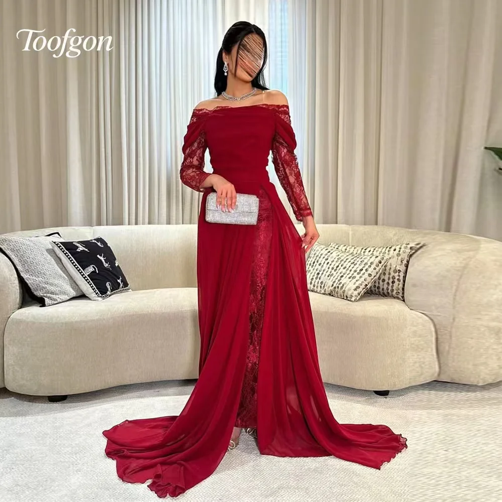 

Toofgon Red Arabic Evening Dresses Off The Shoulder Lace Saudi Prom Dress Long Sleeves Mermaid Special Occasion Customized ﻿
