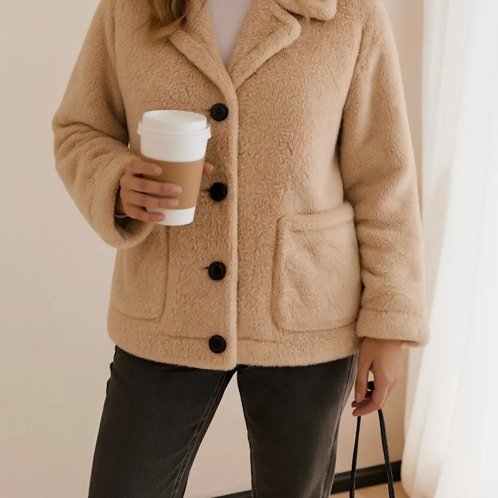 Casaco de pelúcia casual feminino outono inverno moda outerwear confortável material macio sem estilo de decoração