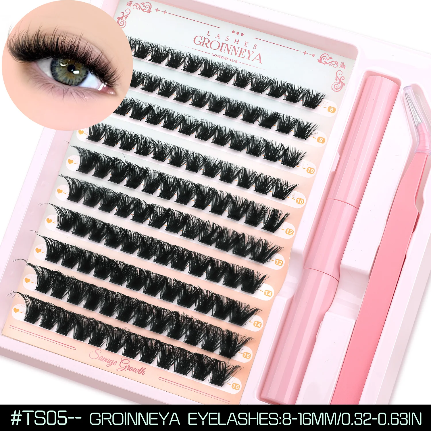 GROINNEYA Flauschiges Wimperncluster-Set mit wasserdichtem, starkem Halt, DIY-Wimpernverlängerungsset, Wimpernbindung, Versiegelung und Wimpernpinzette, Make-up – Detail 11