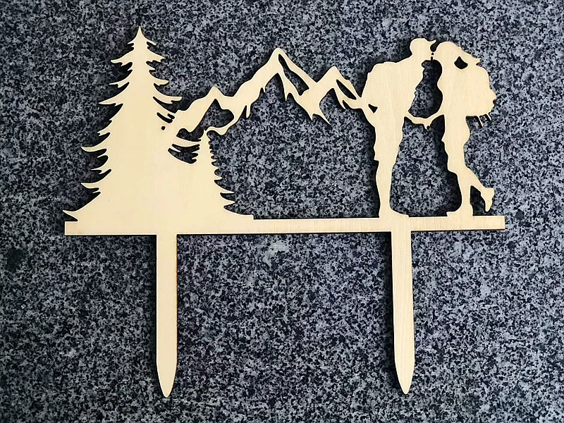 Mountain Outdoor Wedding Cake Topper Backpacking campeggio sposa e sposo escursionismo viaggi festa fidanzamento legno decorazione acrilica