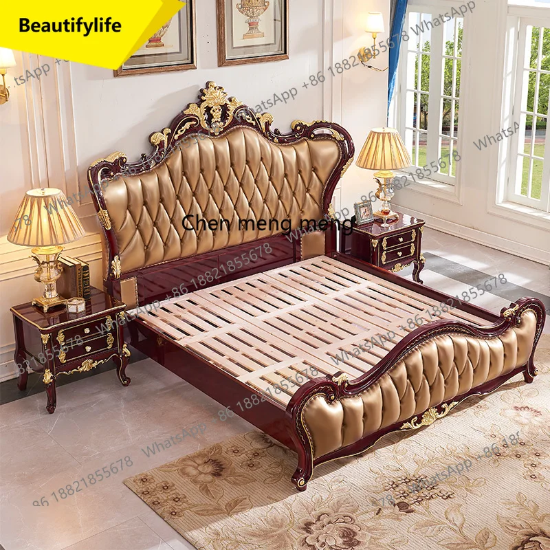 

A57 европейская кровать из цельного дерева 1,8 м, двуспальная свадебная кровать из воловьей кожи первого слоя, роскошная вилла для главной спальни, мебель из красного сандалового дерева