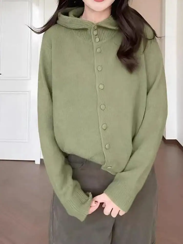 

Свободный корейский японский вязаный свитер с капюшоном в стиле ретро, женский джат большого размера, открытый кардиган с ленивым рукавом, топ