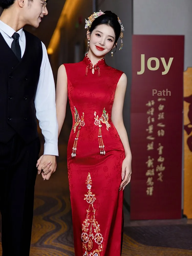 

Красное свадебное платье-ципао с хвостом русалки, роскошное, новое, в китайском стиле, для свадебного приема, вечернего торжества и празднований