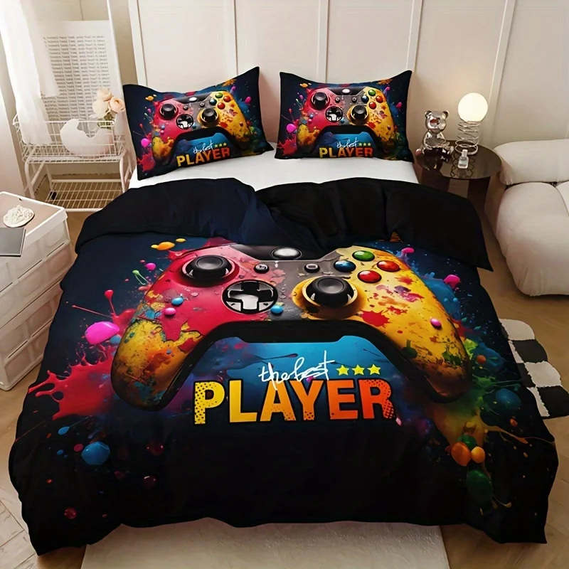 3pcs Cartoon Game Controller Letter Duvet Cover Set (1 Duvet Cover + 2 Pillowcases, No Pillow Insert), Home Dormitory