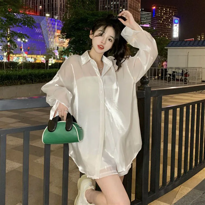 2023 Spring Summer Thin Silk Blouse Women Pure Desire Style Pearly-Lustre See Through Shirts Korean White Sun Protection Shirt