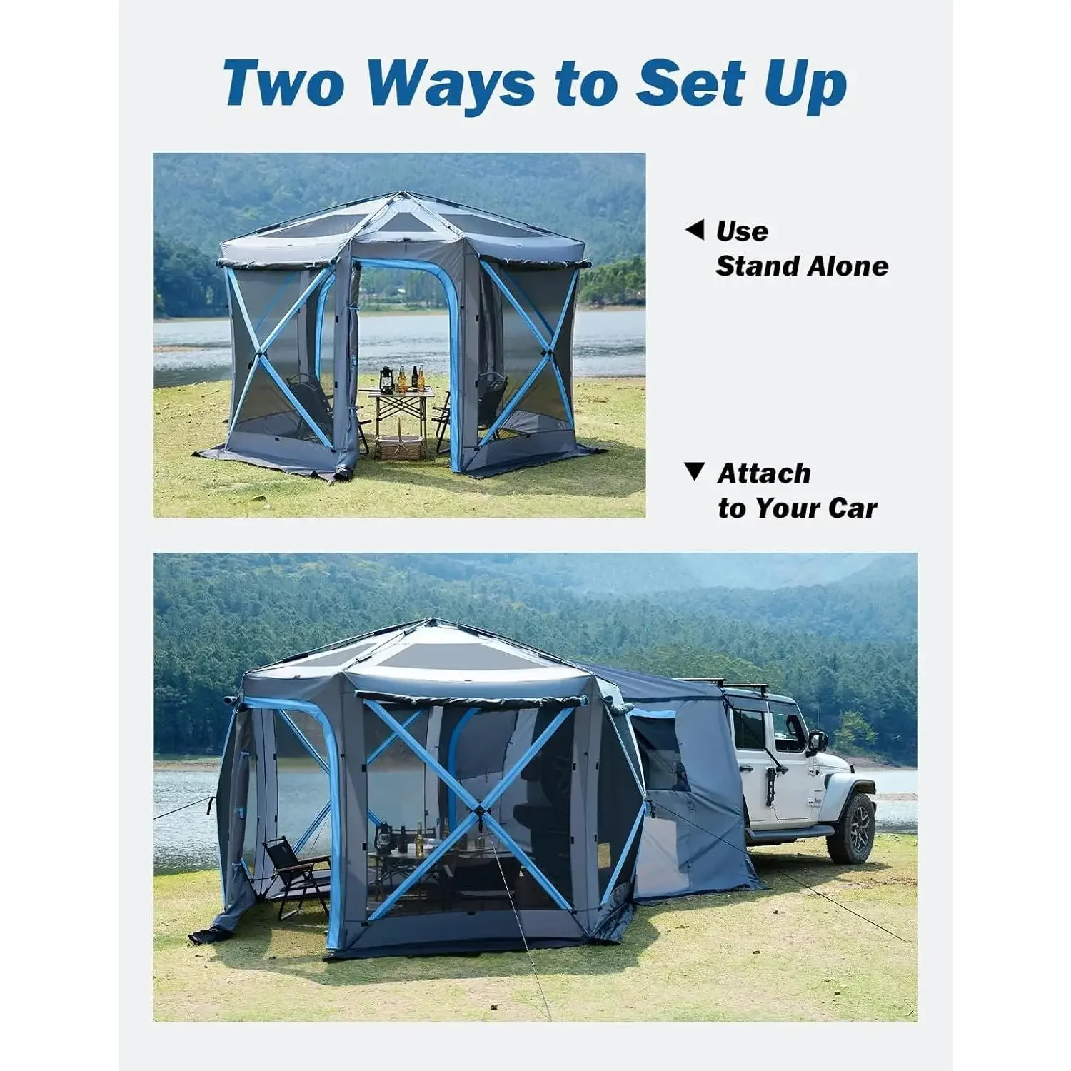 wDual-Use Pop up SUV  for Camping, 10x10.5 Ft Big Space 2 Rooms Car , SUV Tailgate  for Family Camping, 5 Sides Canopy