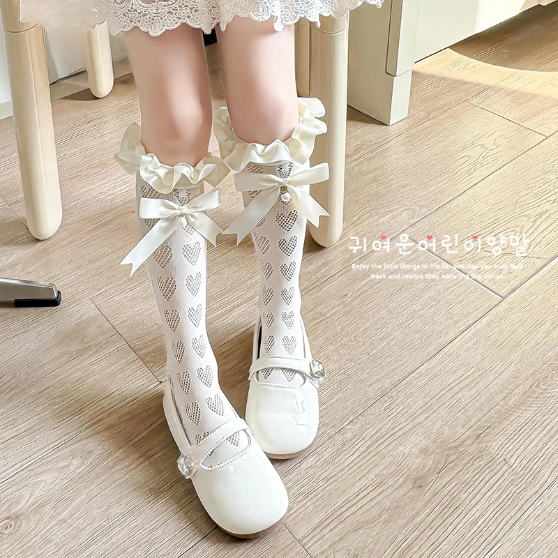 Lovely Long Socks For Sweet Girls Airy Heart Hollow Decorated With Hanging Pearls Large Satin Bow Lace Fringe Stretch Stockings