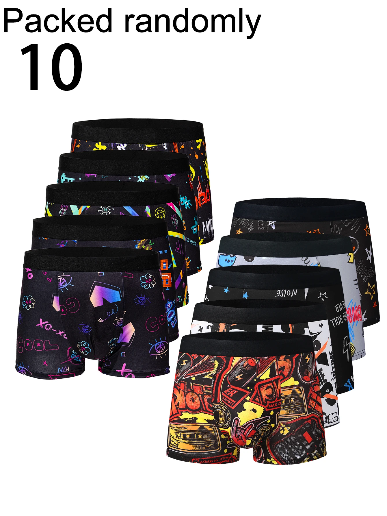 10-Pack Men's Cool Graffiti Print Boxer Shorts High Elasticity Skin-Friendly Comfortable Waist Multicolor Random Delivery Daily