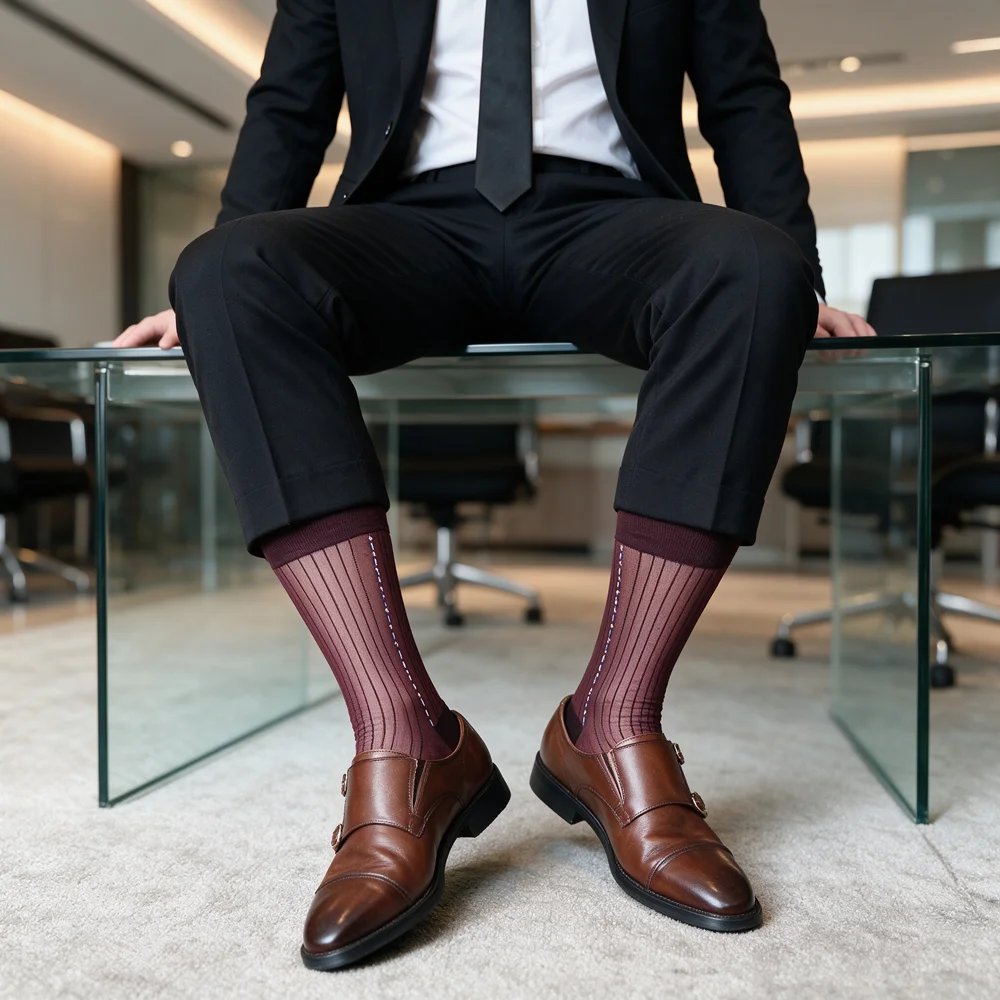 Men Sheer Dress Socks Wine Red Vertical Striped Mid‑Calf Business Formal Socks Thin Transparent Breathable Office Suit Socks For