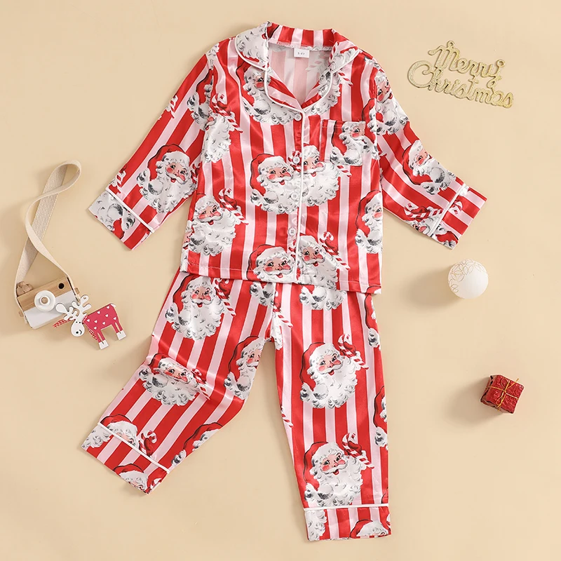 12M-5Y Toddler Girls Christmas 2Pieces Santa Claus Print Pajamas Set Lapel Button-up Shirt Tops + Elastic Waist Pants Loungewear