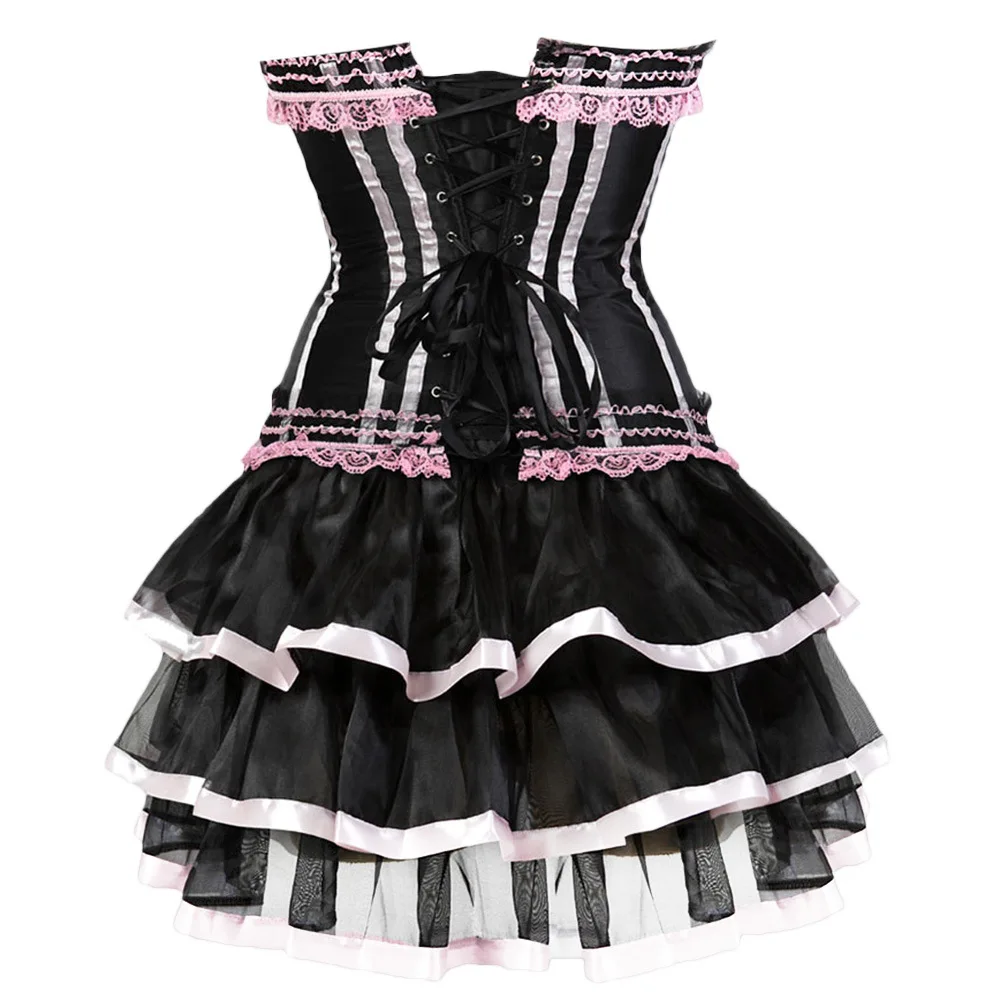 Burlesque Dancer Dress Striped Floral Lace Up Overbust Corsets Bustier with Skirt Set Tutu Corselet for Women Plus Size Costume