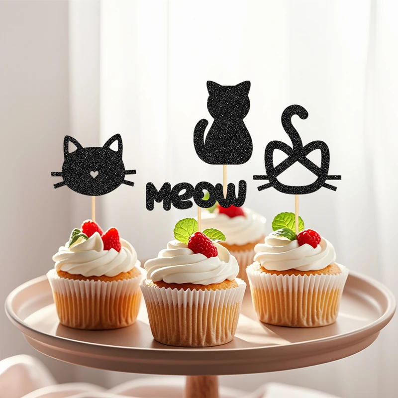 NUBECOM 24 Stück Cupcake-Topper für Katzen, glitzernde Cupcake-Picks für Katzen, Kuchendeckel für Kätzchen, Haustier, Katzen, Geburtstagskuchen-Dekoration – Detail 1