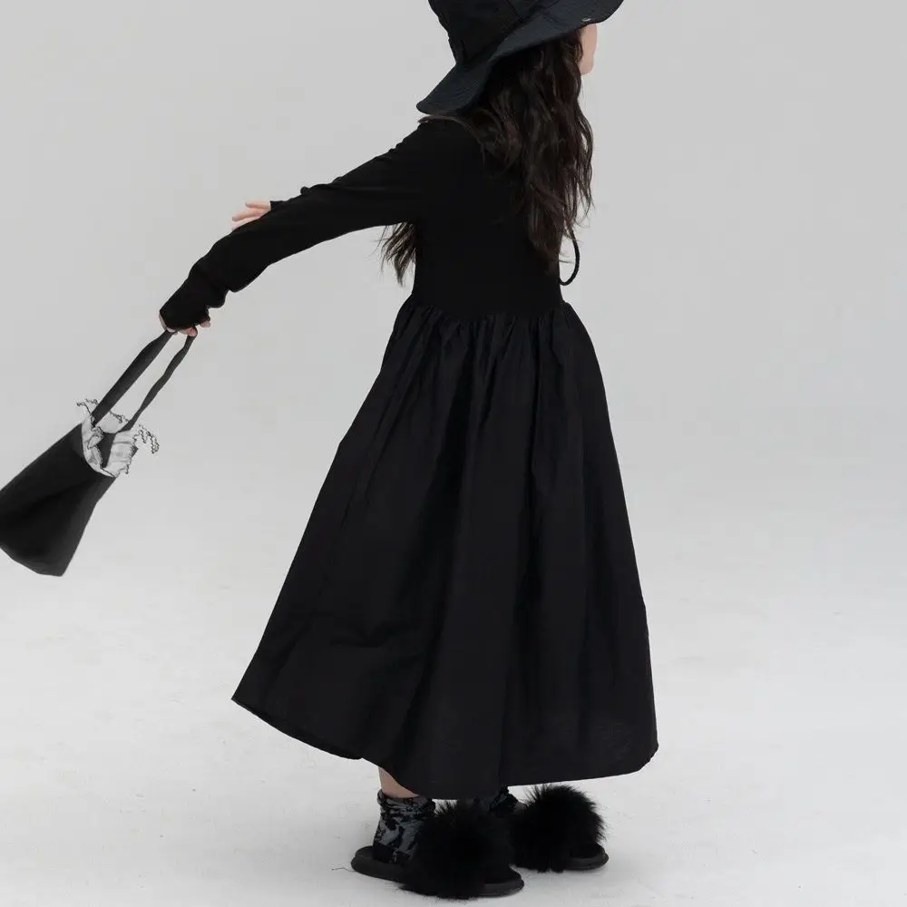 

Mom and Daughter Matching Long Black Dress Over Knee Casual Outfit Spring Autumn Thin Base Layer Versatile Long Patchwork Dress
