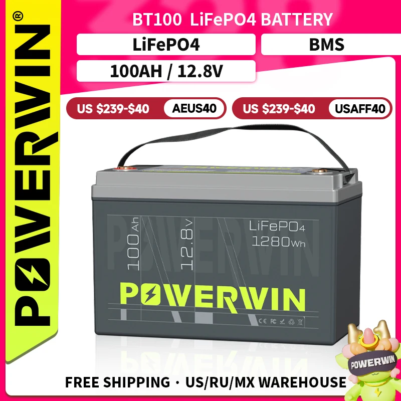 POWERWIN BT100 LiFePO4 Battery 12.8V 100Ah 1280Wh Built-in BMS Grade A Cell Solar Power 4000+Deep Cycle Rechargeable Inverter RV