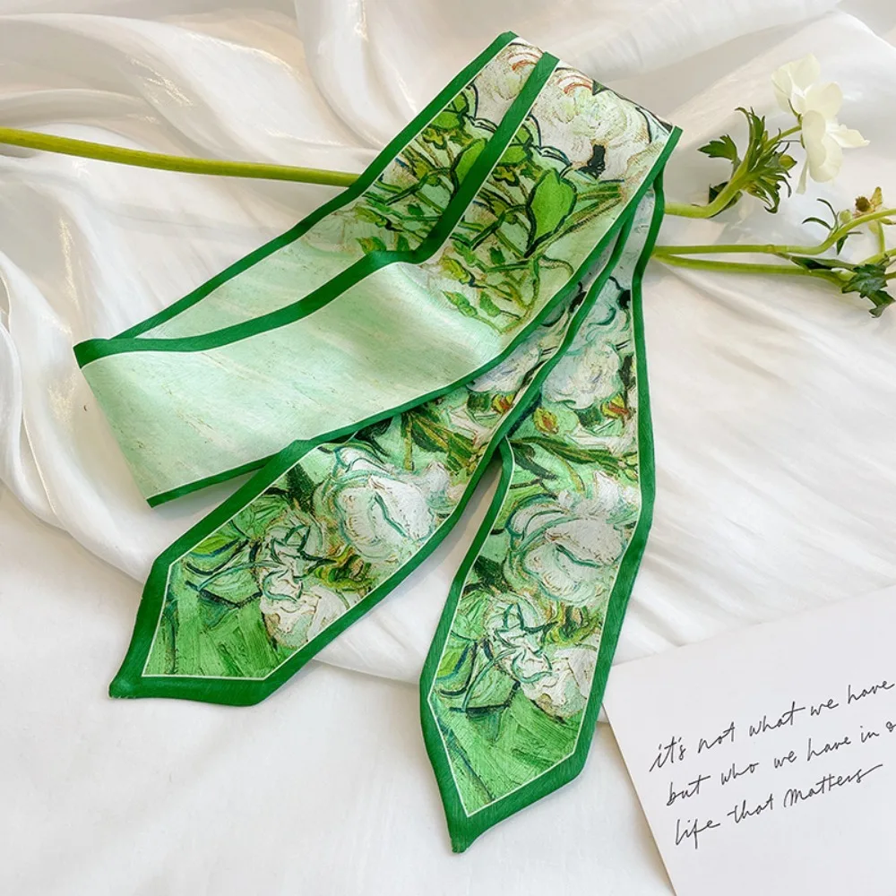 

Oil Painting Style Floral Streamer Silk Scarf Women's Long Headband Hair Tie Belt Braided Hair Ribbon Scarf