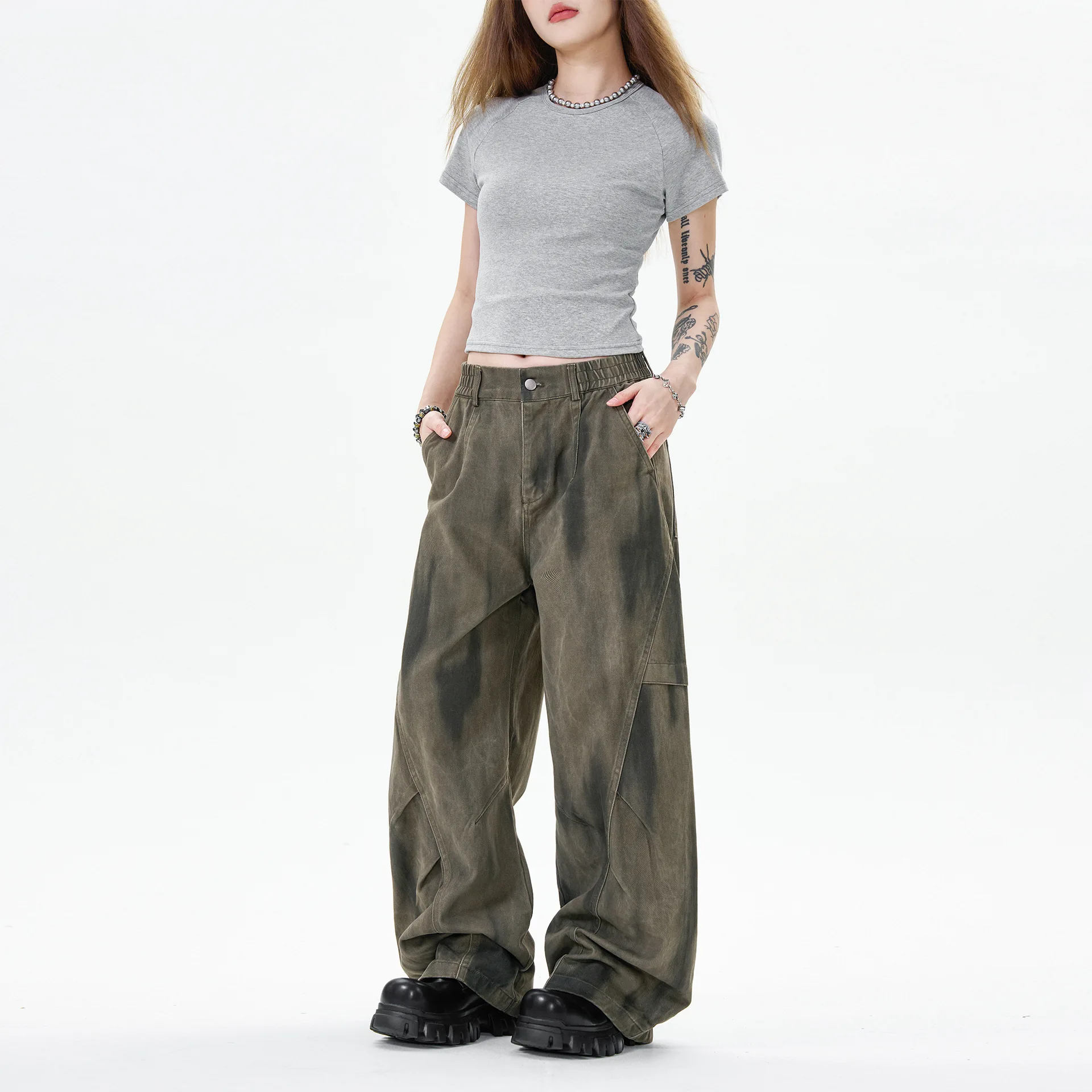 OR FL Tie-dye Gradient Curved Knife 100 Cotton Women Cargo Trousers Trendy Brand Pleated Wide Leg Leisure Staraight Pants Y2k