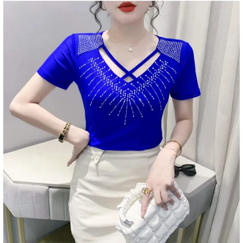 Hollow Out V Neck Net Yarn T Shirts Women\'s Short Sleeve Summer New Solid Color Slim Office Tops Tees Elegant Fashion Clothing