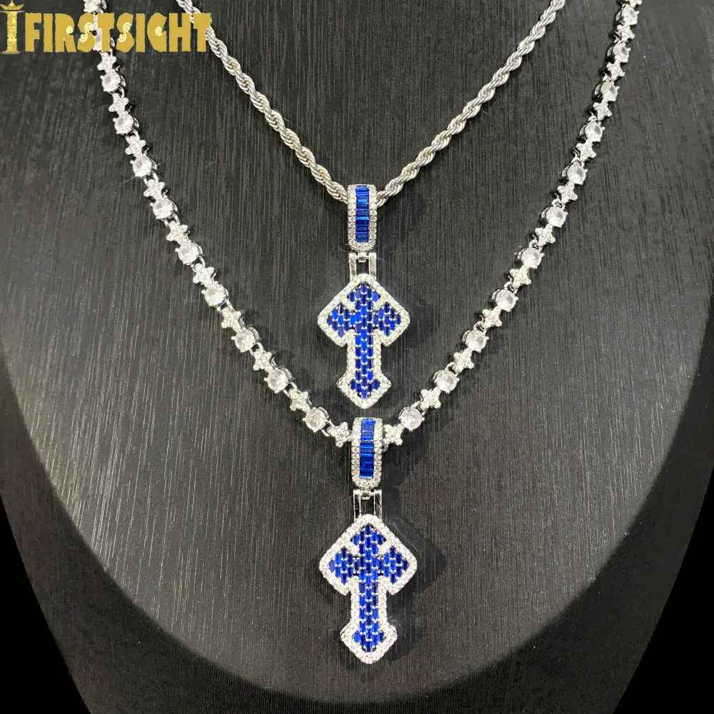 

Iced Out Cubic Zirconia Blue Cross Pendant Necklace Bling Cross Round Charm Link Chain Fashion Women Men Hip Hop Jewelry