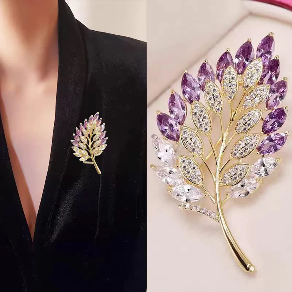 Purple Rhinestones Edge Leaf Brooches for Women Luxury Crystal Wheat Shape Brooch Pin Party Elegant Jewelry Clothing Accessories