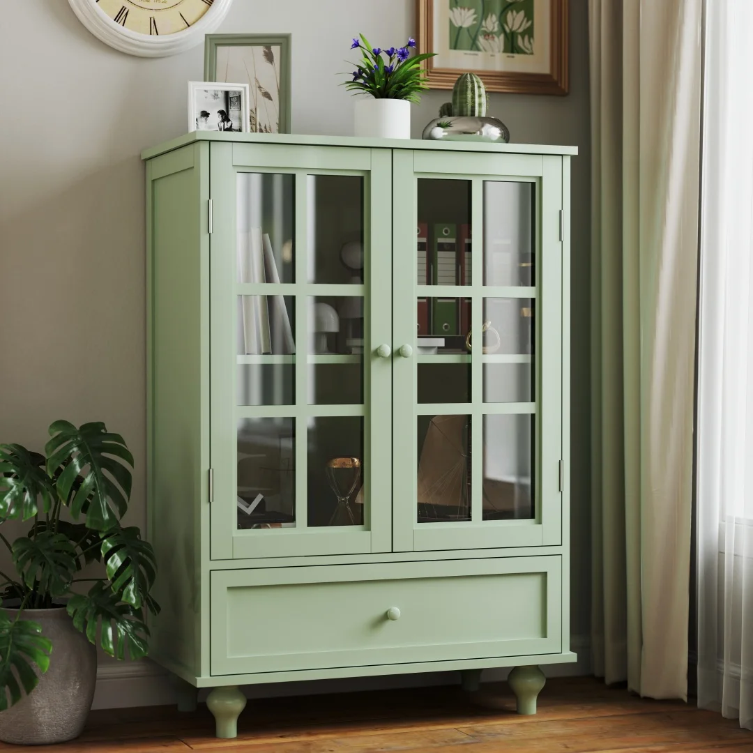 Mobile buffet in stile minimalista, dotato di due ante in vetro e cassetti, moderno mobile laterale in legno, adatto per soggiorno, sala da pranzo, corridoio e area d’ingresso (colore verde menta).