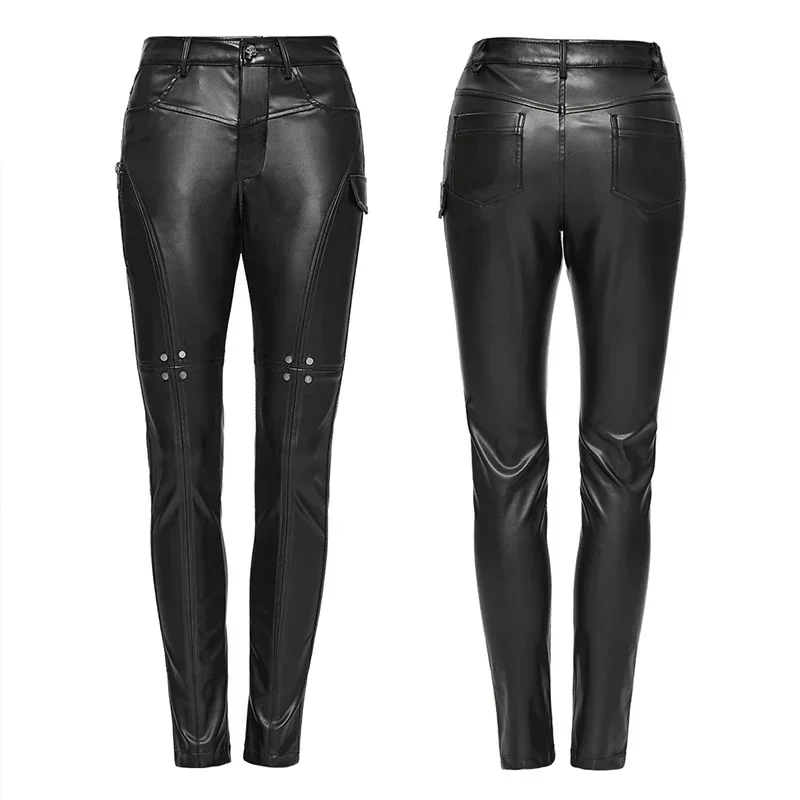 PUNK RAVE-Leggings tissés en sergé punk pour femmes, modules en cuir verni des deux côtés, beau et personnalisé, fjStreetwear