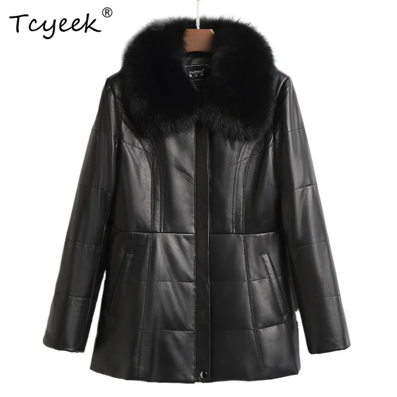 Tcyeek Sheepskin Autumn Winter Square Collar Long Sleeved Thickened Medium Length Women's White Duck Down Jacket Veste Femme