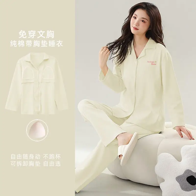 100% Cotton Pajamas Women's Winter Autumn Pijama Mujer with Chest Pads Long-sleeved Cardigan Lapel Large-size Loungewear 2pcs