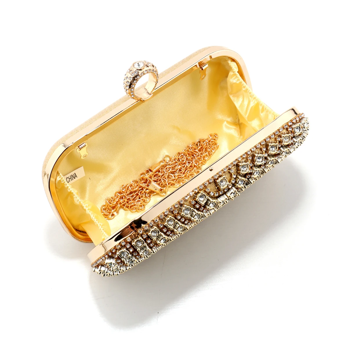 Finger Ring Diamonds Glitter Evening Bags Golden Color Wedding Bridal Female Clutch Bag Vintage Style Beading Lady Luxury Handba