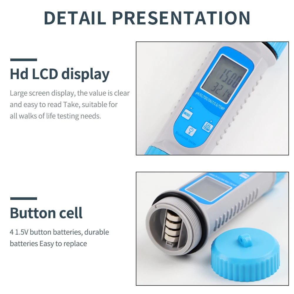 6 w 1 EC/ TDS/ SALT/ S.G/miernik temperatury/PH Tester jakości wody do wody pitnej Akwarium Basen Tester wody Bluetooth