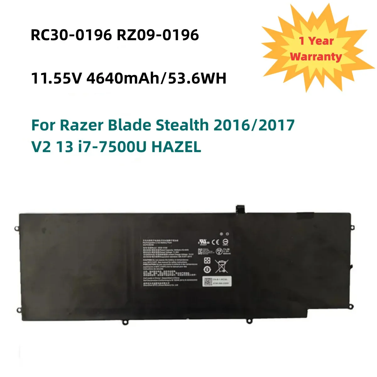 

RC30-0196 RZ09-0196 Laptop Battery for Razer Blade Stealth 2016/2017 V2 13 i7-7500U HAZEL RZ09-0196 RZ09-0168 11.55V 4221mAh