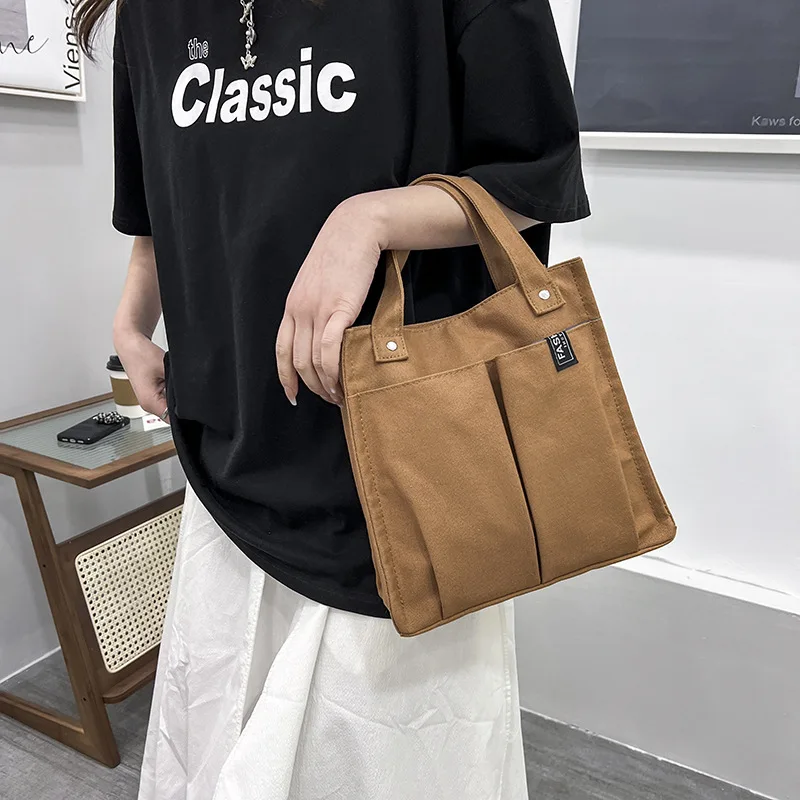 

Canvas Solid Color Paneled Handbags School Lunch Bags Bento Tote Bag Multi-pocket Practical Bag Spring and Summer Outdoors Bag