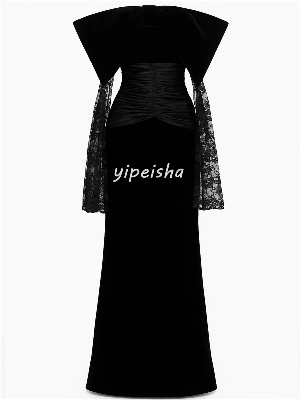 ชุดเดรสยาวแบบเปิดไหล่ทรงเมอร์เมดผ้าเจอร์ซีย์จับจีบแต่งลูกไม้แฟชั่นเซ็กซี่สั่งตัดได้ ชุดเดรสสำหรับโอกาสพิเศษ มีหลายขนาดให้เลือก