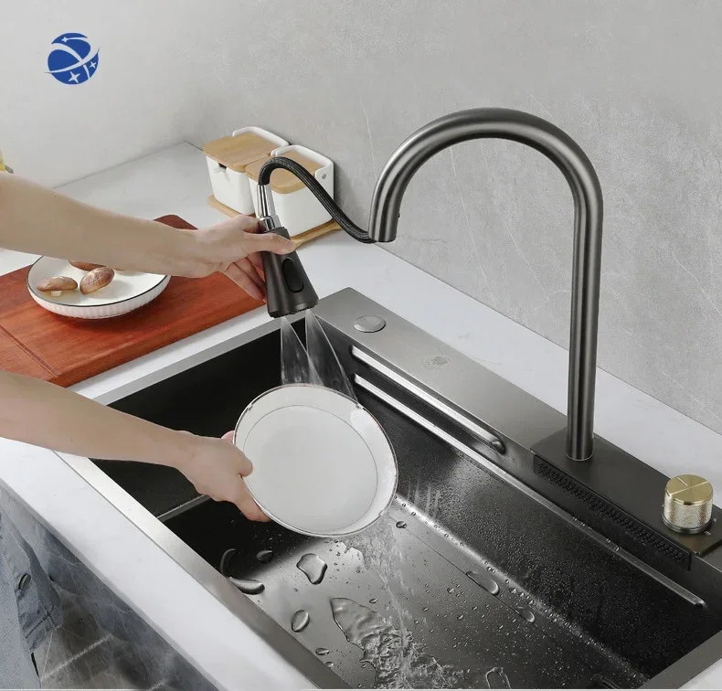 2022 New SUS304 Gun Grey Topmount Fei Yu 7546cm single bowl hand made kitchen sink with Rain shower Waterfall Faucet Spout