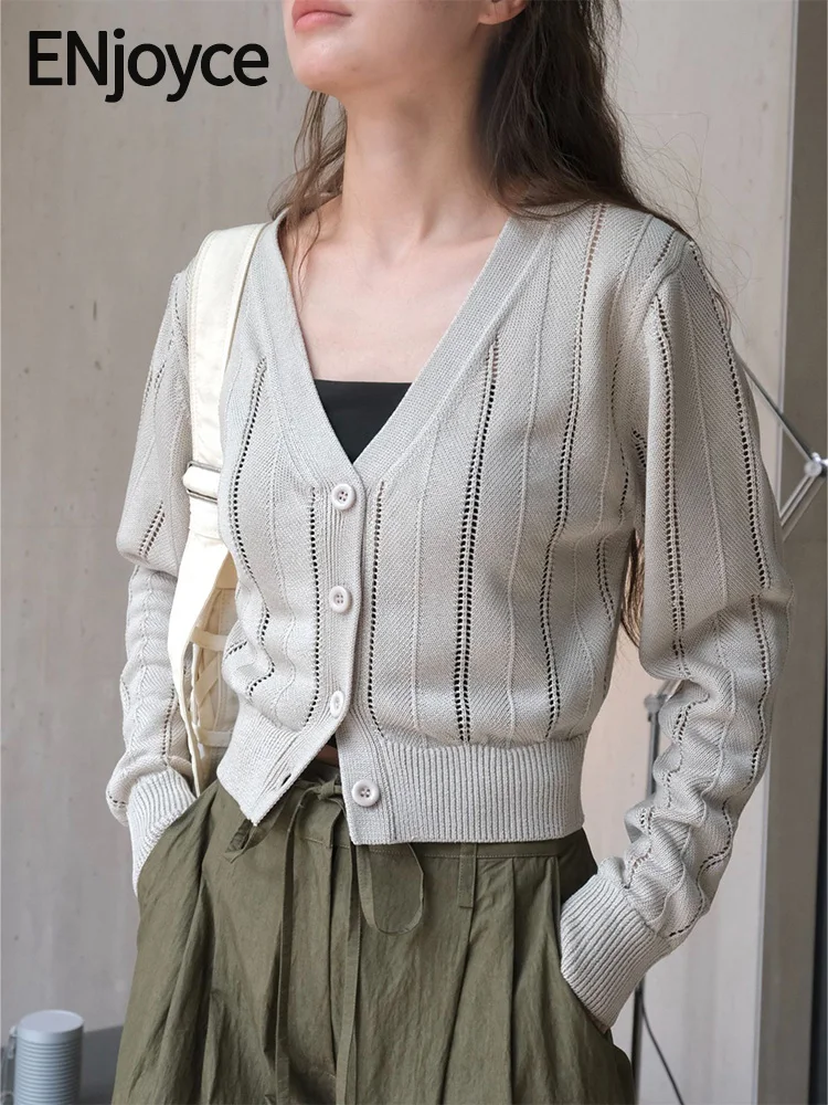 

2024 Autumn New Women Korean Style Hollow V-Neck Knitted Cardigans Office Ladies Slim Long Sleeve Knitwear Cropped Tops