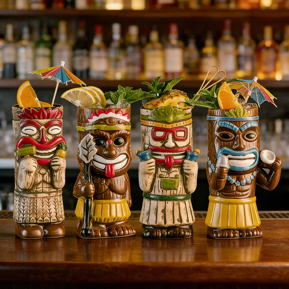 

Ceramic Tiki Mug Set, Hawaiian Tiki Cocktail Cups Creative Funny Barware for Tropical Drinks, Decorative Tiki Mugs for Home Bar