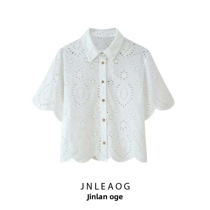 JNLEAOG Primavera Nuove Donne Faion Design Hollow Ricamo irt Fibra di Poliestere Or Sve Collare Vestibilità Regolare