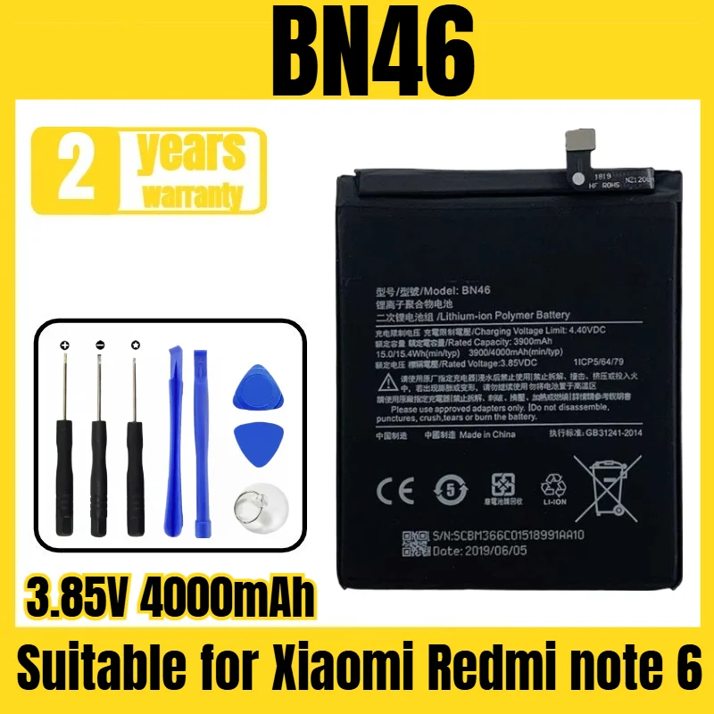 

BN46 mobile phone battery, suitable for Xiaomi Redmi note 6 mobile phone battery large capacity free tool 3.85V 4000mAh