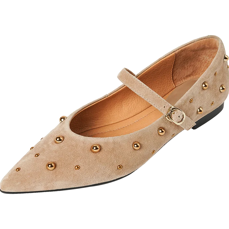 

Handmade Genuine Leather Rivet Low Heels Pointed Toe Elegant Office Women Shoes Flat Casual Shoes Rivet