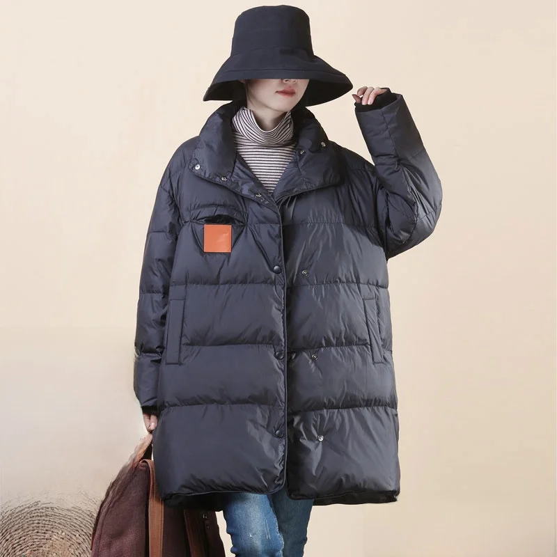 

Женское стеганое пуховое пальто средней длины с высоким воротником, свободного кроя, белое, для максимального тепла