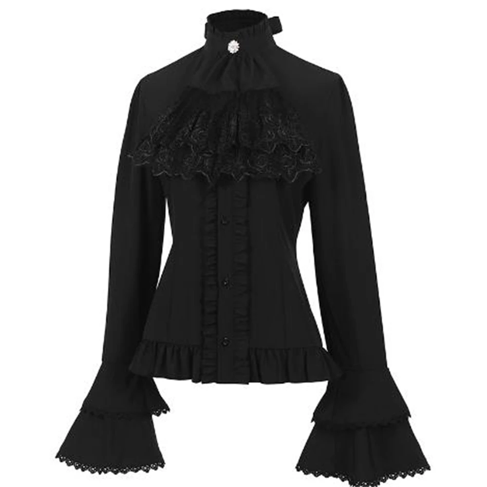 

Inner Flare Sleeve Lace Embroidery Ruffles Bandage Design Blouse Pleated Shirt Medieval Clothing Steampunk Victorian Top